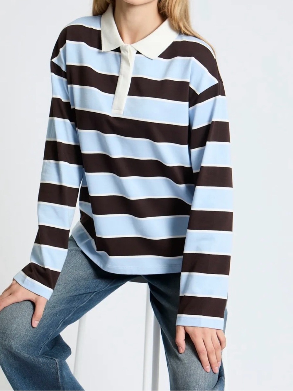 Women's Striped Long-Sleeve Rugby Polo - Light Blue & Brown